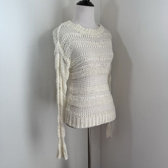 J J Basics Y2K Sweater Top S Ivory Crochet Stretchy Mesh Knit Crewneck Pullover - Picture 2 of 10